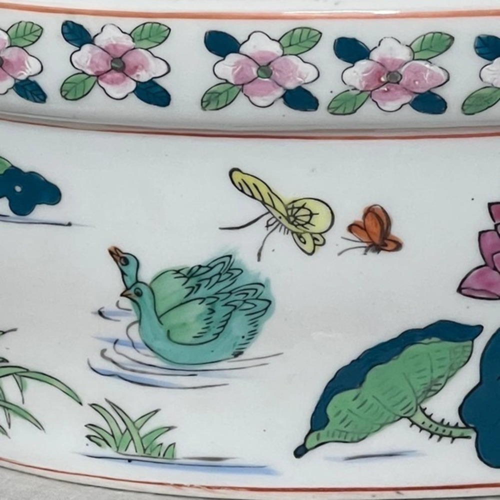 Vintage Duck Bird Oval Covered Casserole Dish Tureen Chinese Export Asian Lotus - Picture 7 of 11